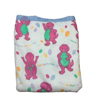 VTG Barney the Dinosaur I Love You Song Fleece Twin Blanket Blue Trim Made USA